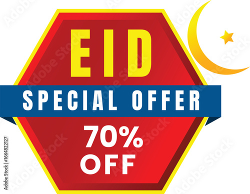 Eid Special Offer: A festive, geometric graphic boldly proclaims a special Eid sale with a discount of 70% off, accented by crescent moon and star.