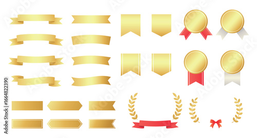 Gold ribbon and award badge vector set. Decorative banners, medals, and labels.