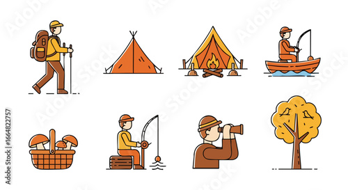 Illustrated Outdoor Adventures: A Collection of Camping, Hiking, and Nature Exploration Icons, highlighting recreational activities in nature,