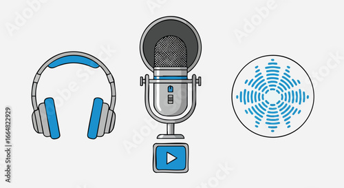 Illustration depicting podcasting elements: headphones, microphone and audio waveform for content creation ideal for blog posts and marketing material