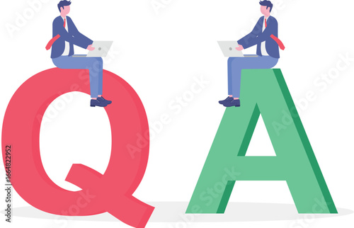 Flat illustration of business people work on dialog with question and answer speech bubbles addressing FAQ
