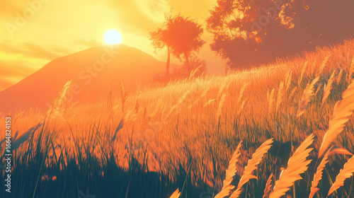 Wheat field at sunset with golden sky and peaceful rural landscape AI Generative