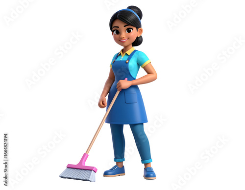 A cheerful cartoon woman in an apron holding a broom, representing cleaning services and domestic chores.
