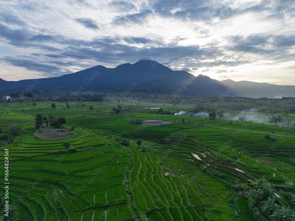 Fototapeta premium Wonderful sunrise scenery indonesia nature mountain valley forest with bright sky