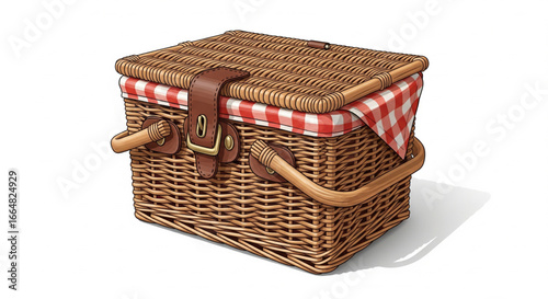 A woven picnic basket with a red and white checkered cloth peeking out, secured with a leather strap and buckle.