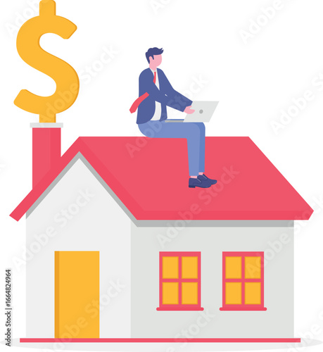 Flat illustration of businessman stands by house with dollar signs representing reverse mortgage financial concepts
