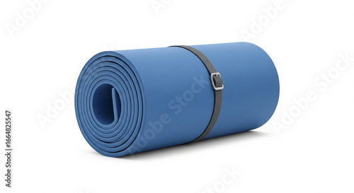 Rolled-up blue foam sleeping pad secured with a strap, isolated on white background.