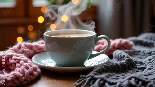Cozy winter scene: steaming coffee cup with soft blankets and bokeh lights
