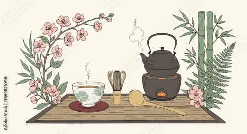 Serene composition showcasing a tea ceremony setting, featuring traditional elements and botanical accents providing a moment of contemplative