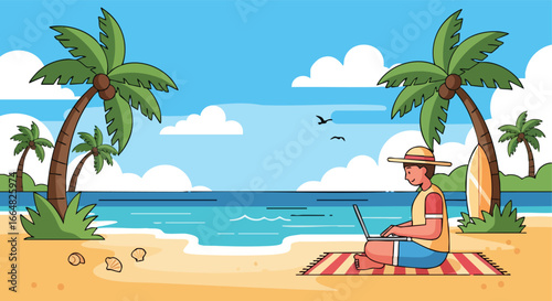Digital nomad on tropical beach with laptop under palm trees offering idyllic work escape for modern professionals searching freedom and tranquility