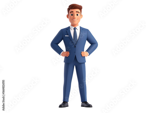 A professional animated male character in a stylish blue suit stands confidently with a welcoming smile.