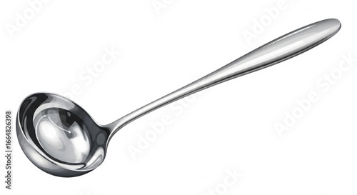 Stainless steel ladle, isolated on white background, kitchen utensil.