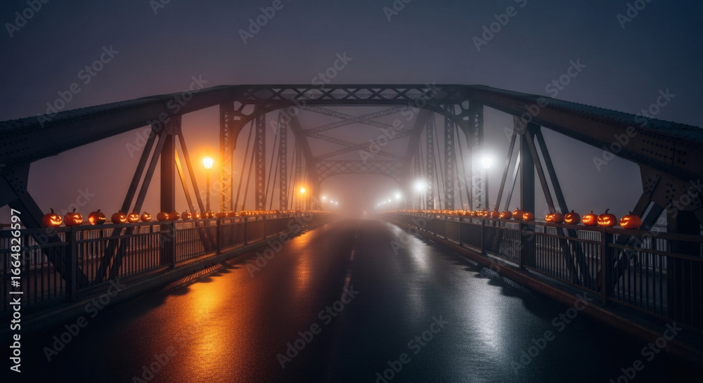 Obraz premium Long exposure shot of a dimly lit bridge with streetlights reflecting on the water at night.