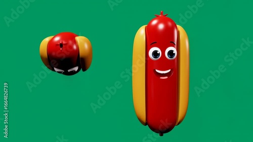 Animated Duo of Cheerful Hot Dogs with Expressive Faces on Vibrant Green Screen