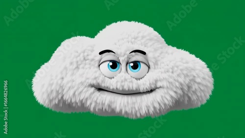 Joyful Animated Fluffy Cloud Character Expressing Happiness on Green Screen for Dynamic Content