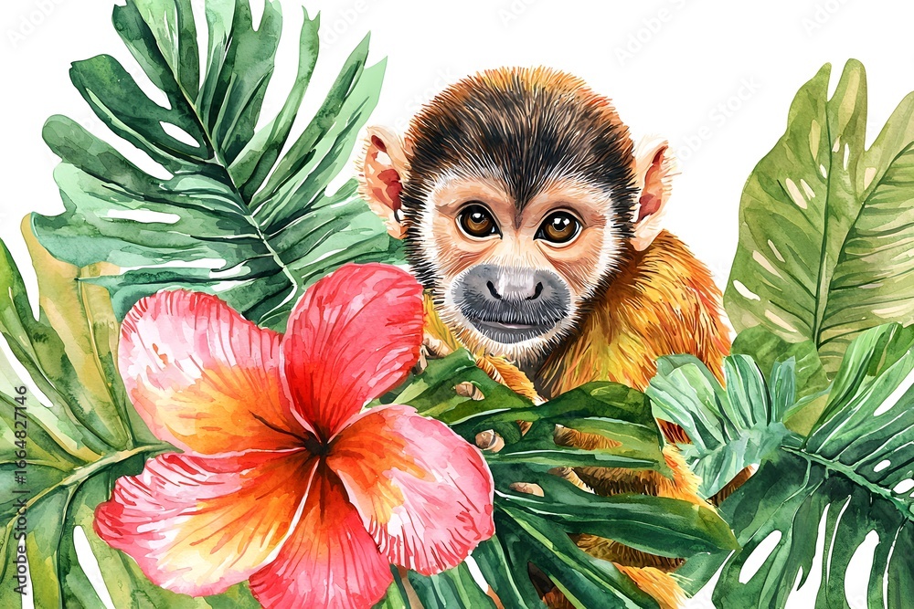 Obraz premium Watercolor painting of a monkey surrounded by tropical leaves and a vibrant hibiscus flower