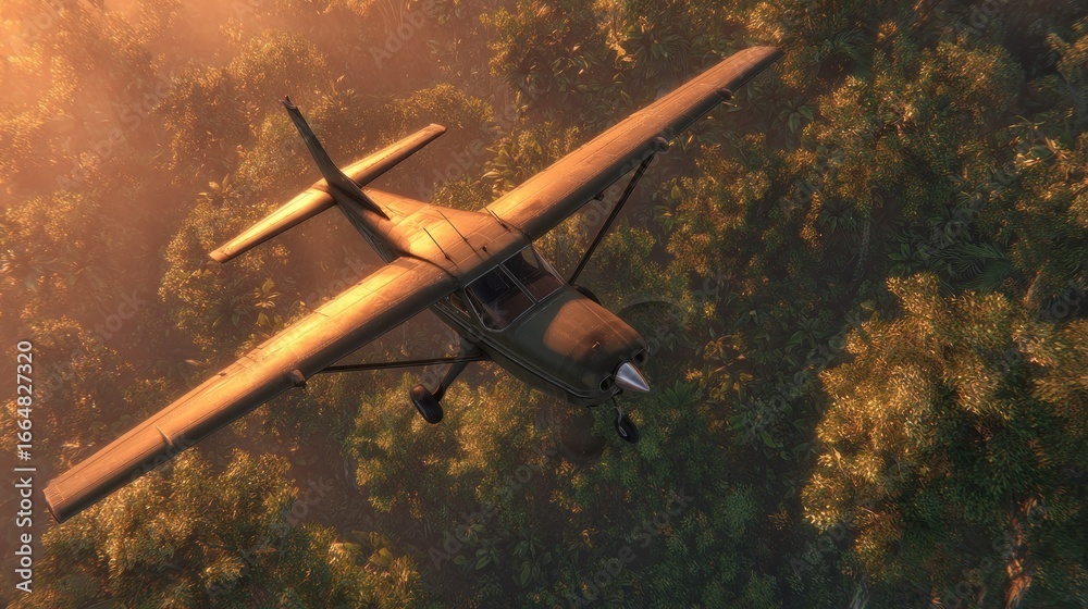 Fototapeta premium Small plane flies high over a dense forest at dawn