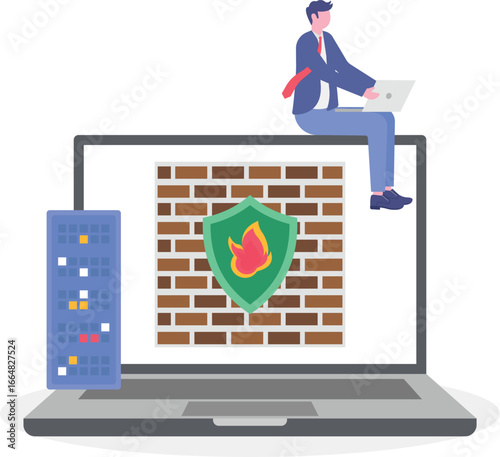 Flat illustration of engineer setting up firewall on server with security shield

