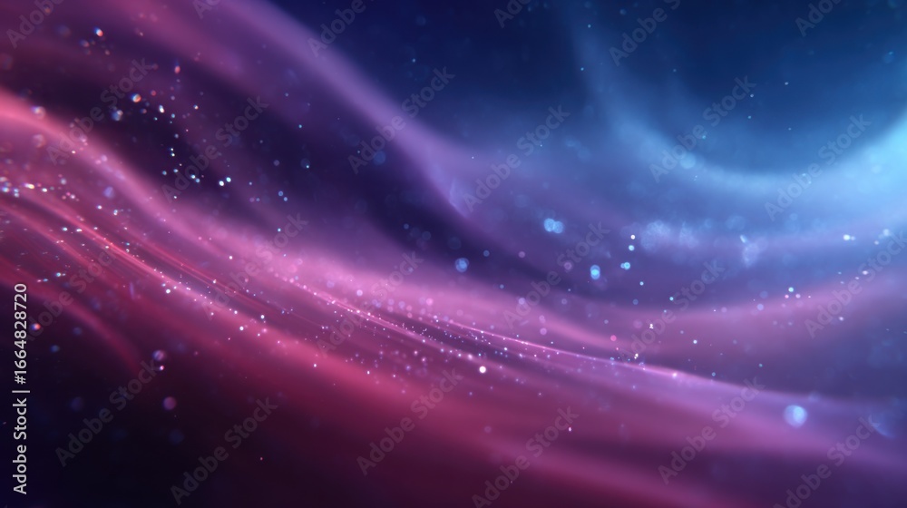 Fototapeta premium Abstract digital background featuring flowing waves of vibrant purple and blue hues, illuminated by sparkling particles, creating a mesmerizing visual experience for artistic projects