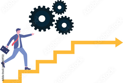Flat illustration of businessman running up stair on cogwheel gears system

