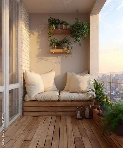 Sunny balcony with wooden seating and plants (1)