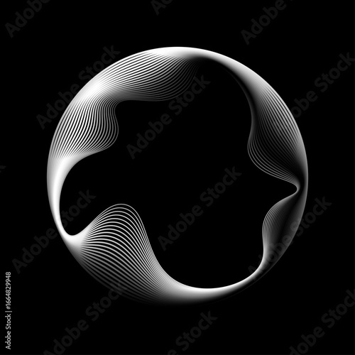 Abstract round frame with wavy black and white gradient lines isolated on dark background with copy space. Vector illustration