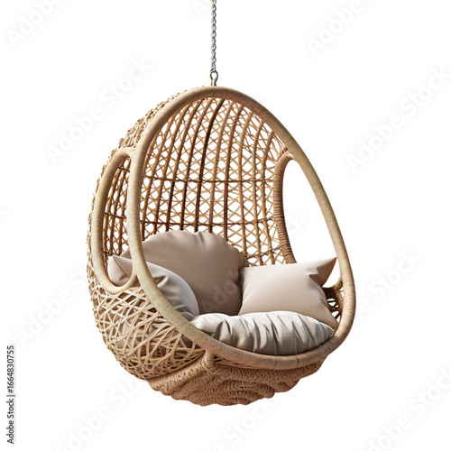 woven wicker egg-shaped hanging chair isolated background, png