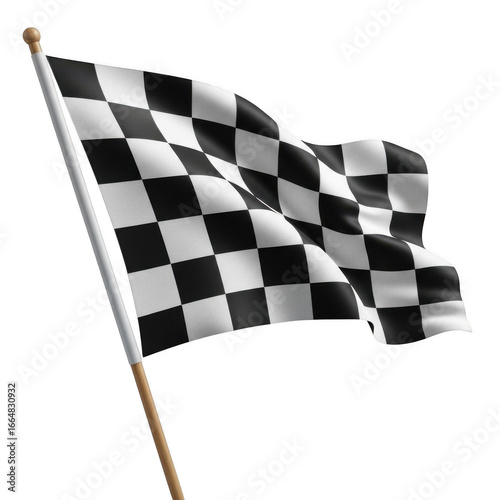 Waving black and white checkered racing flag isolated on transparent background