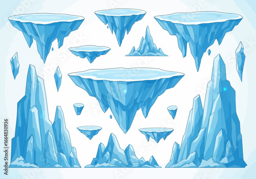 A Collection of Floating Ice Islands and Jagged Ice Peaks Rendered in a Pixelated Art Style Suitable for Fantasy Game Environments