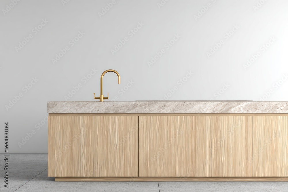 Fototapeta premium Contemporary kitchen countertop and cabinets with gold faucet.