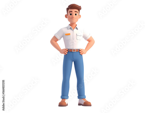 A friendly and confident rendered male character stands with hands on hips, ready for action.