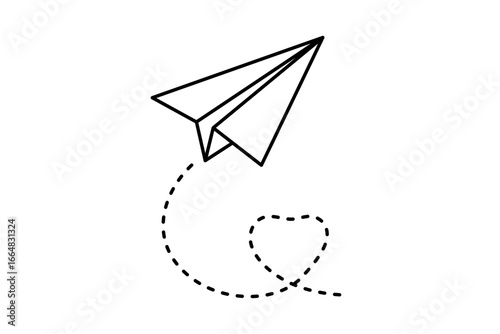 Clean line art of a paper airplane with upward dashed heart path. Minimalist icon of love and distance