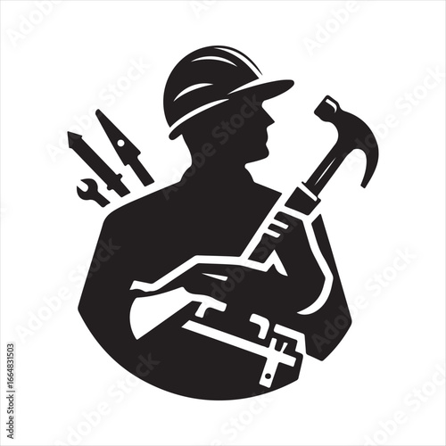 Construction worker with helmet vector silhouette outline logo design concept illustration