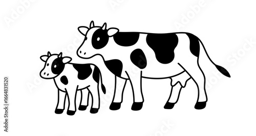 Mother and calf minimalist vector in black and white. Linear flat style of dairy cows for family farm and natural milk themes