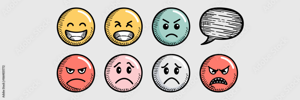 Fototapeta premium Sketchy emoticon faces with different expressions – Great for emotion-related content, social media graphics, or educational designs.