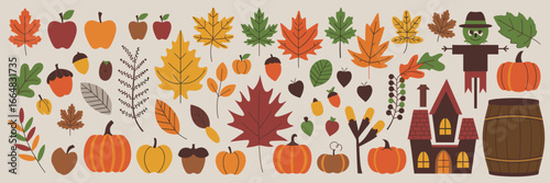 Autumn harvest set with fall leaves, apples, and pumpkin – Ideal for seasonal promotions, Thanksgiving content, or rustic decor