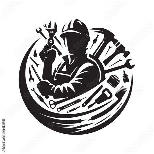Construction worker with helmet vector silhouette outline logo design concept illustration