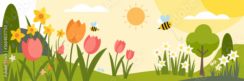 Spring equinox scene with tulips, daffodils, bees, and green grass – Ideal for seasonal posters, educational material, or garden center advertising.