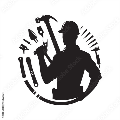 Construction worker with helmet vector silhouette outline logo design concept illustration