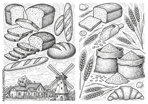 Vintage style bread assortment with a rustic windmill landscape, perfect for bakery menus and artisanal food promotions, evoking a sense of tradition and delicious homemade goodness
