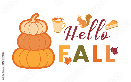 Hello fall autumn greeting with pumpkins and squirrels