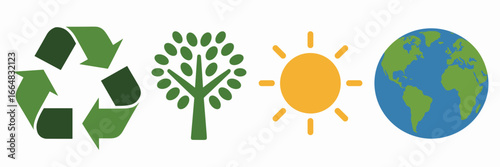 Earth Day icon set with recycling, tree, sun, and planet – Great for sustainability education, eco-friendly branding, or environmental campaigns