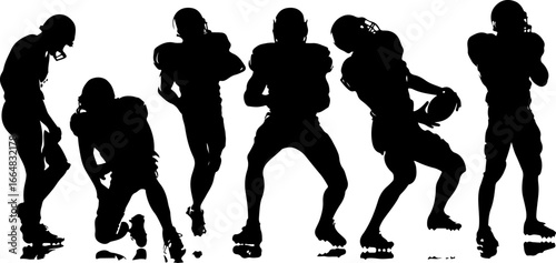American football player team silhouette, football players, sports, silhouette, athletes, football team, football action, running football player, football art, vector, digital art, black and white