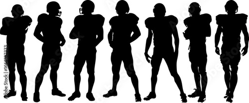 American football player team silhouette, football players, sports, silhouette, athletes, football team, football action, running football player, football art, vector, digital art, black and white