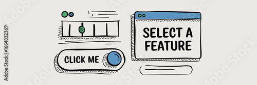 Hand-drawn UI elements with buttons, sliders, and toggles – Ideal for web design mockups, app wireframes, or digital prototyping.