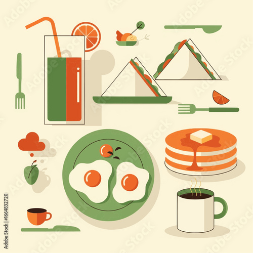 Delicious Breakfast Spread Sunny-side Eggs, Sandwiches, Pancakes, and Fresh Juice