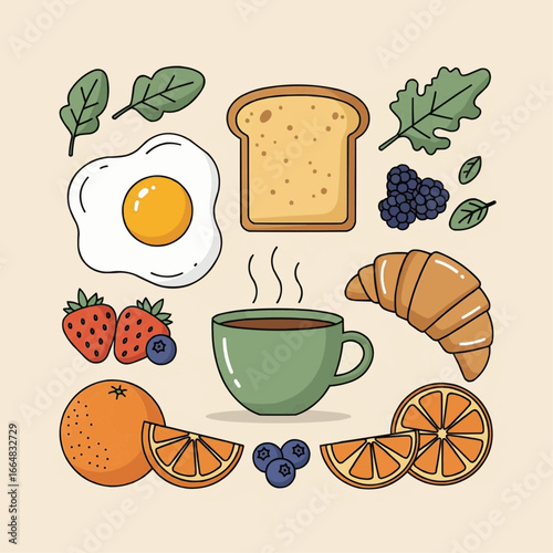 Bright and cheerful vector illustration featuring a diverse collection of appetizing breakfast foods, capturing the essence of a perfect morning meal concept