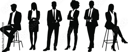 Silhouettes of Diverse Business Professionals Standing and Sitting in Formal Attire, Corporate Team Concept for Office, Workplace, and Leadership Themes"