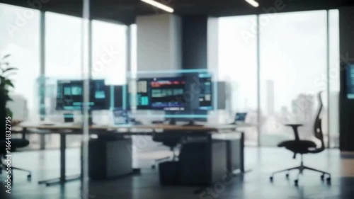 A modern futuristic office with glowing holographic screens.