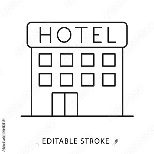 Hotel line icon with editable stroke. Vector outline of building with windows and entrance. Minimalist symbol for accommodation, travel, tourism, hospitality, lodging, resort and service design.